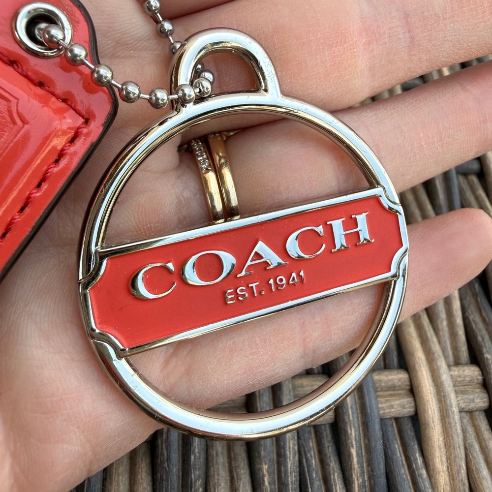 Coach Coral Patent Leather Silver Tone Logo Keychain Bag Charm Replacement - Picture 2 of 5